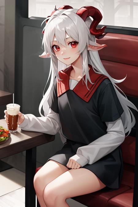 masterpiece, best quality, thedemongirl, black shirt, sailor collar, short sleeves, grey long-sleeve shirt, looking at viewer, smile, sitting, restaurant <lora:thedemongirl-nvwls-v3:0.9>