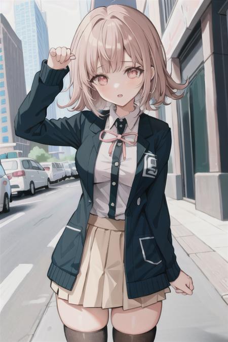 <lora:ChiakiDG:0.7>, ChiakiDG, Nanami Chiaki, zettai ryouiki, black legwear, light pink hair, large breasts, city, crowded, solo focus, buildings, short hair, sex, hetero, sex from behind, 1girl, nsfw, nude male clothed female, (((1boy))),