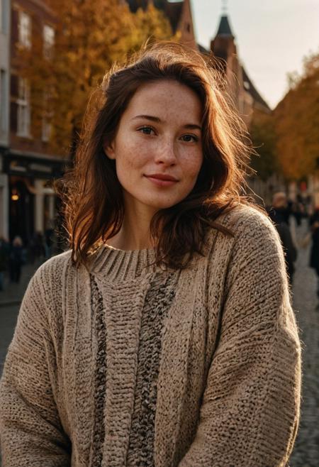 A beautiful 35mm photo of a 30 year old Dutch woman, ((sweater)), ((jeans)), ((leather boots)), (baret)), ((beautiful long coat)), ((full body:1.2)), she has a comely face, shy smile, in love, pale skin, very dark eyes, chocolate brown hair, straight hair, 70's fringe, ponytail, beautiful mouth, long face, narrow chin, freckles on nose, birthmarks on stomach, she is slim, natural tits, perfectly shaped tits, pubic hair, ultra realistic, extremely detailed, highly detailed eyes, realistic eyes, highly detailed skin, realistic skin, in Bruges, happy, beautiful sky, soft natural light, golden hour light, autumn, perfect light, Rembrandt style light, 8k resolution, masterpiece, 35mm, Hasselblad, film grain, (ultra high res:1.2),(photo-realistic:1.3) (skin pores:1.1)
