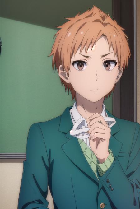 tatsumitanabe, <lora:tatsumi tanabe s1-lora-nochekaiser:1>,
tatsumi tanabe, short hair, (brown eyes:1.5), male focus, orange hair,
BREAK shirt, school uniform, jacket, white shirt, blazer, green jacket, (green blazer:1.5),
BREAK indoors, classroom,
BREAK looking at viewer, (cowboy shot:1.5),
BREAK <lyco:GoodHands-beta2:1>, (masterpiece:1.2), best quality, high resolution, unity 8k wallpaper, (illustration:0.8), (beautiful detailed eyes:1.6), extremely detailed face, perfect lighting, extremely detailed CG, (perfect hands, perfect anatomy),