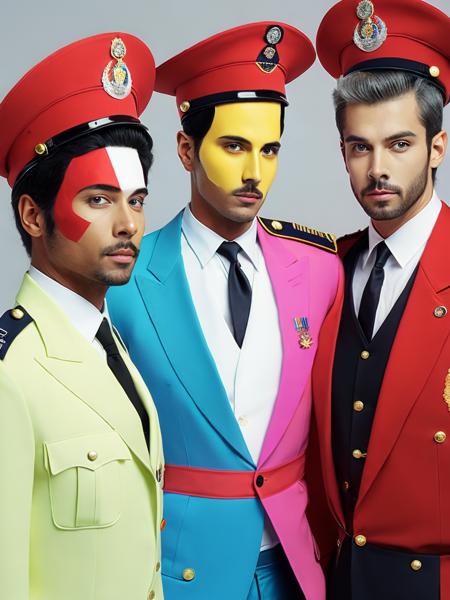 <lora:AlejandroJodorowsky:1>a man in uniform standing next to two other men in uniforms with colored faces by Alejandro Jodorowsky