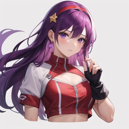 (masterpiece, best quality:1.2),illustration,8k,hd,1girl,solo,upper body,(portrait:1.2),purple hair,fingerless gloves,purple eyes,long hair,cropped shirt,short sleeves,star hair ornament,breasts,jewelry,earrings,navel,belt,midriff,red skirt,hair ornament,white hairband,bike shorts,socks,shoe,<lora:Asamiya Athena-02:0.4>,