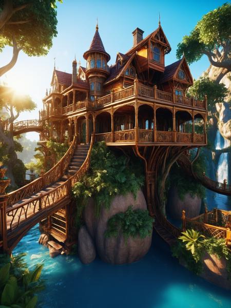 a wonderous and beautiful fantasy world with the Tree House Mansion Village,Multiple Bridges,sun,in the day,insanely detailed and intricate,hyper maximalist,elegant,hyper realistic,super detailed,vivid colours,sunrise,ornate,dynamic,articulate,8K,(Framed 3D, 3d Tree),EPIC,Painstaking Attention To Detail,UHD,