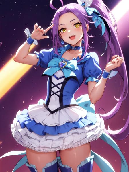 cure beat purple hair, side ponytail, ahoge, thigh boots, puffy short sleeves, wrist cuffs, ribbon, jewelry, heart hair ornament, yellow eyes