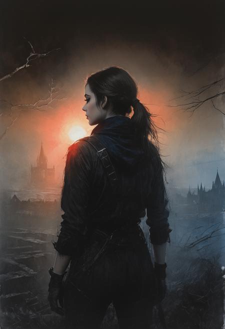 Charcoal drawing, crayons, close-up. Masterpiece, Double exposure, long shot, backlit, low angle lighting with blood red and black shading, portrait of a girl's face, and a ruined gothic cathedral in the fog, black and blue nightmare, darkness, horror movie cover style, artwork, official art, kinetic, detailed, fantasy background, illustration, sharp focus, dramatic lighting, concept art, Gabriele Dell'otto, Antonio Mora, Andre Kohn, Arthur Bordalo, Bob Ringwood, Benedik Bana, style Jamie Wyeth, James Gillard, Edward Hopper, Greg Rutkowski, Studio Ghibli Genshin Impact