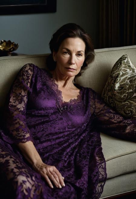 A sneaky creepshot covert photography portrait of a beautiful 45yr old Caucasians mother sleep on the sofa at dark dim light living room at midnight taken by Martin Schoeller, {{symmetrical oval face firm mouth highly detailed, enormous breast size, narrow waist thick hips,cherry ass, brunette, tempt}}, {{wearing slighly revealing purple lace nightgown}} {{ at midnight, dim light}}