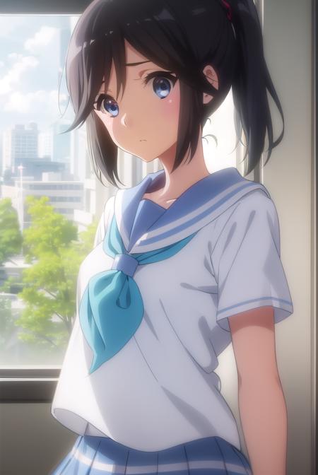 nozomikasaki, <lora:nozomi kasaki s2-lora-nochekaiser:1>,
nozomi kasaki, kasaki nozomi, long hair, blue eyes, black hair, ponytail, hair between eyes,
BREAK skirt, shirt, school uniform, white shirt, short sleeves, pleated skirt, serafuku, sailor collar, blue skirt, neckerchief, blue sailor collar, school bag, blue neckerchief, kitauji high school uniform,
BREAK indoors, classroom,
BREAK looking at viewer, (cowboy shot:1.5),
BREAK <lyco:GoodHands-beta2:1>, (masterpiece:1.2), best quality, high resolution, unity 8k wallpaper, (illustration:0.8), (beautiful detailed eyes:1.6), extremely detailed face, perfect lighting, extremely detailed CG, (perfect hands, perfect anatomy),