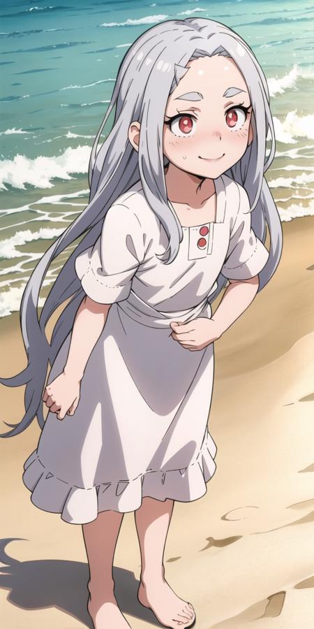 1girl, Silver hair, red eyes with white highlights, smiling expression, eyebrows slightly furrowed, visible eyelashes, faint blush on cheeks, <lora:Eri_-_Boku_no_Hero_Academia:1>, (child:1.1), outdoors, ocean, sand, palms, sun