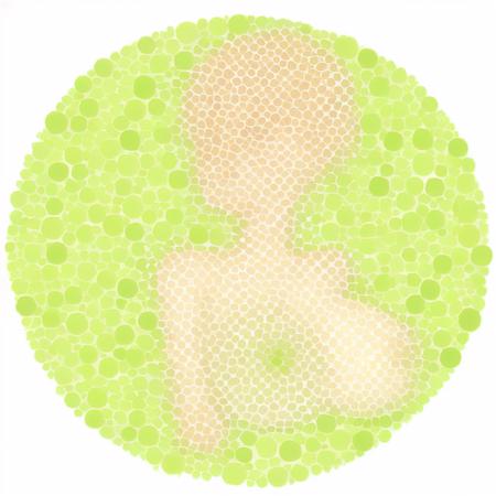 image of a girl, big breast, nude, c0b1 <lora:c0b1-000041:1> green theme, simple background, dots, halftone