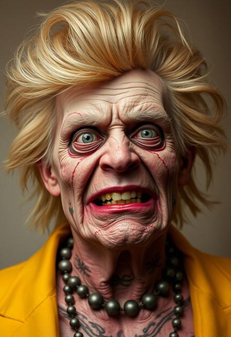 Donald Trummp as a real life Matt Goening charater, he is a Drag Queen zombie, hyper realistic, ultra detailed skin surface, ultra detailed hair