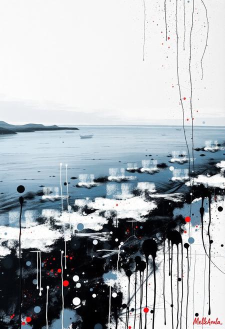 Seascape, serene coastal scenes, minimalist compositions, soft color palette, evocative atmosphere, drip painting, splatter art, chaotic patterns, overlapping colors, energetic composition, bold colors, black and white, rhythmic lines, spontaneous, subconscious emotion, rugged texture, thick paint