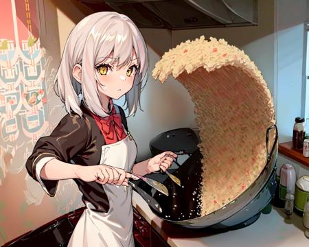 (best quality, masterpiece), ricewave, (1girl, solo,cooking, standing , looking at viewer, white hair, yellow eyes, closed mouth, upper body), (kitchen, holding wok, Spatula) <lora:fried-05:1>