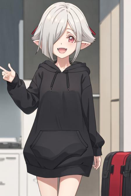 best quality, masterpiece, highres, solo, {perusepone2shi_jashinchandropkick:1.15}, short_hair, pointy_ears, hair_over_one_eye, grey_hair, red_eyes, white_hair, ribbon, smile, 1girl, hood, hoodie, black_hoodie, fangs, looking_at_viewer, open_mouth, upper_body, bangs, :d