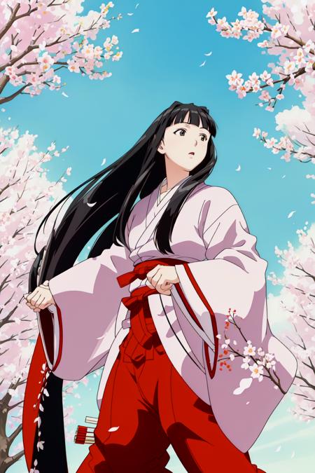 <lora:love-hina-motoko-aoyama:1> motoko aoyama wearing a white kimono with a black belt, looking at viewer, (kendo:1.1) training, sakura trees in background, blue sky in spring