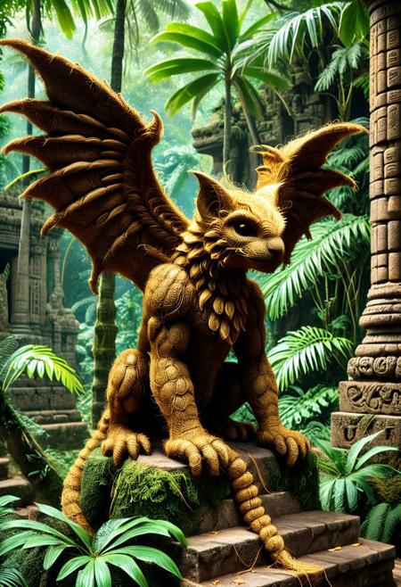 A towering jungle gargoyle, sculpted from obsidian coconut stone and entwined with ancient palm vines, perches atop the ruins of a forgotten temple. Its immense, bat-like wings pulse with raw tropical energy, sending gusts of enchanted wind through the jungle canopy. Its piercing eyes glow with the wisdom of centuries, and when disturbed, its maw opens wide, unleashing a torrent of molten coconut gold that cascades down the temple steps. The air shimmers with mystical energy as ancestral spirits whisper through the trees. Ultra-detailed, hyper-realistic, cinematic lighting, 8K, octane render, surreal jungle guardian, stitched tropical gargoyle, dynamic action scene, intricate temple ruins. pamcocomat, alienworld