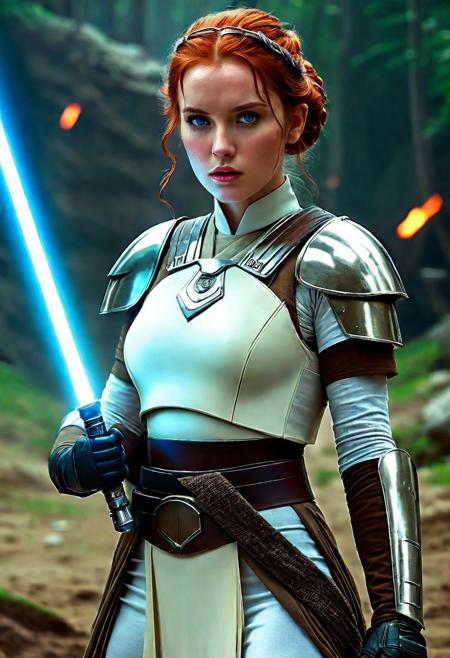 High resolution ultra-realistic of Beautiful Jedi Knightess, 8k, capturing the intensity of the moment, cinematic lighting, standing on a bloody and turbulent battlefield in a bloody battle, wavy red hair, realistic dirty pale face, realistic blue eyes, beautiful hourglass figure, burning in a Star Wars Town, intricately designed Star Wars style clothes dirty white-brown robes, Star Wars Aesthetic, perfect athletic figure, beautiful Jedi Knightess, ultra realistic, cinematic style, vigorous and seductive, athletic figure, Star Wars style, dramatic lighting, wet and sweaty skin, dirty pale skin, athletic figure, dark fantasy, dramatic lighting, Greg Rutkowski style, Jedi Knightess on in Jedi dress, hyper-detailed, hyper-realistic, natural light, extremely intricate details, masterpiece, epic, bright colours, Attractive 21 old years girl, beautiful firm Breasts, sharp focus, digital painting, Photograph Taken on Nikon D750, Alphonse Mucha, 8K, athletic figure, Hyperdetailed, hyperrealism, Attractive, Attractive bust girl, asymmetric balance