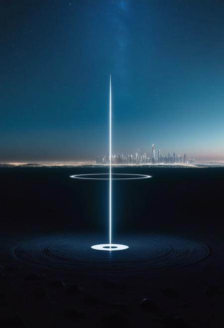 An enormous city sprawl, focus on the city skyline reaching for the stars,
Aleph Tower, centre for the AI that rules the Human civilization, in a glittering city of glass and shining metal,
   bright sunlight under a pitch black sky.
So twice five miles of urban sprawl,
With walls and towers  girdled round;
In center: a black circle in bold lines intersected by a several lines, gnostic symbols, symetrical
Photographer Reuben Wu Style