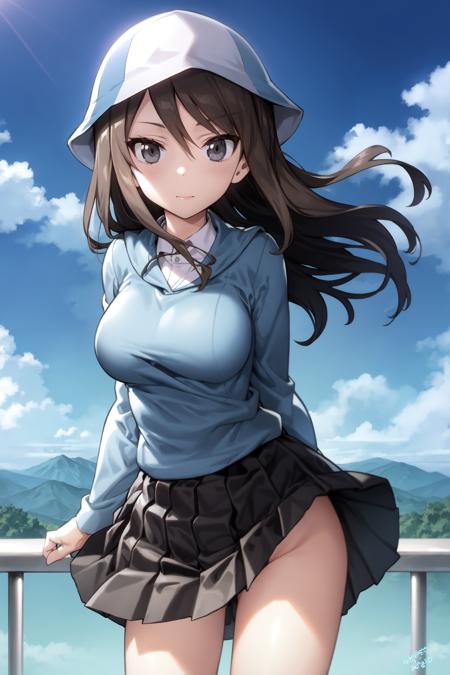 <lora:mika_Loha:0.7>, mika (girls und panzer), 1girl, keizoku school uniform, solo, tulip hat, long hair, hat, school uniform, brown eyes, brown hair, blue headwear, skirt, shirt, grey skirt, striped, dress shirt, pleated skirt, vertical stripes, white shirt, vertical-striped shirt, striped shirt, cowboy shot, miniskirt, standing, long sleeves, bangs, blue shirt, blue sky, (windy:1.3), looking at viewer, mountains in the background, (skirt lift),