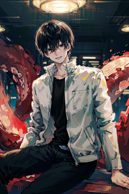 (masterpiece, best quality), illustration, <lora:yoshidahirofumi_csmv2:1>, yoshida_csm, crossed bangs, 1boy, mole under mouth, white jacket, official alternate costume, tentacles, sitting, smile, black pants, open jacket, city, crowd, night