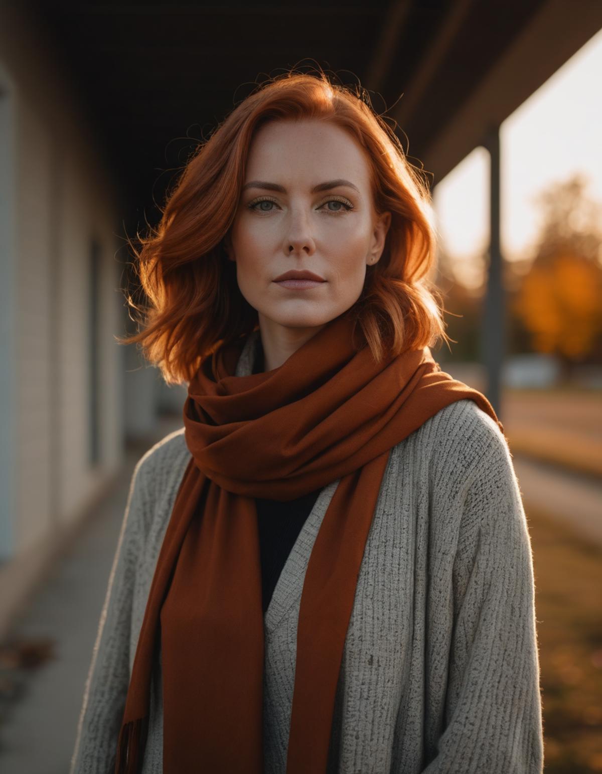 A woman with long red hair wearing a brown scarf and a gray sweater.