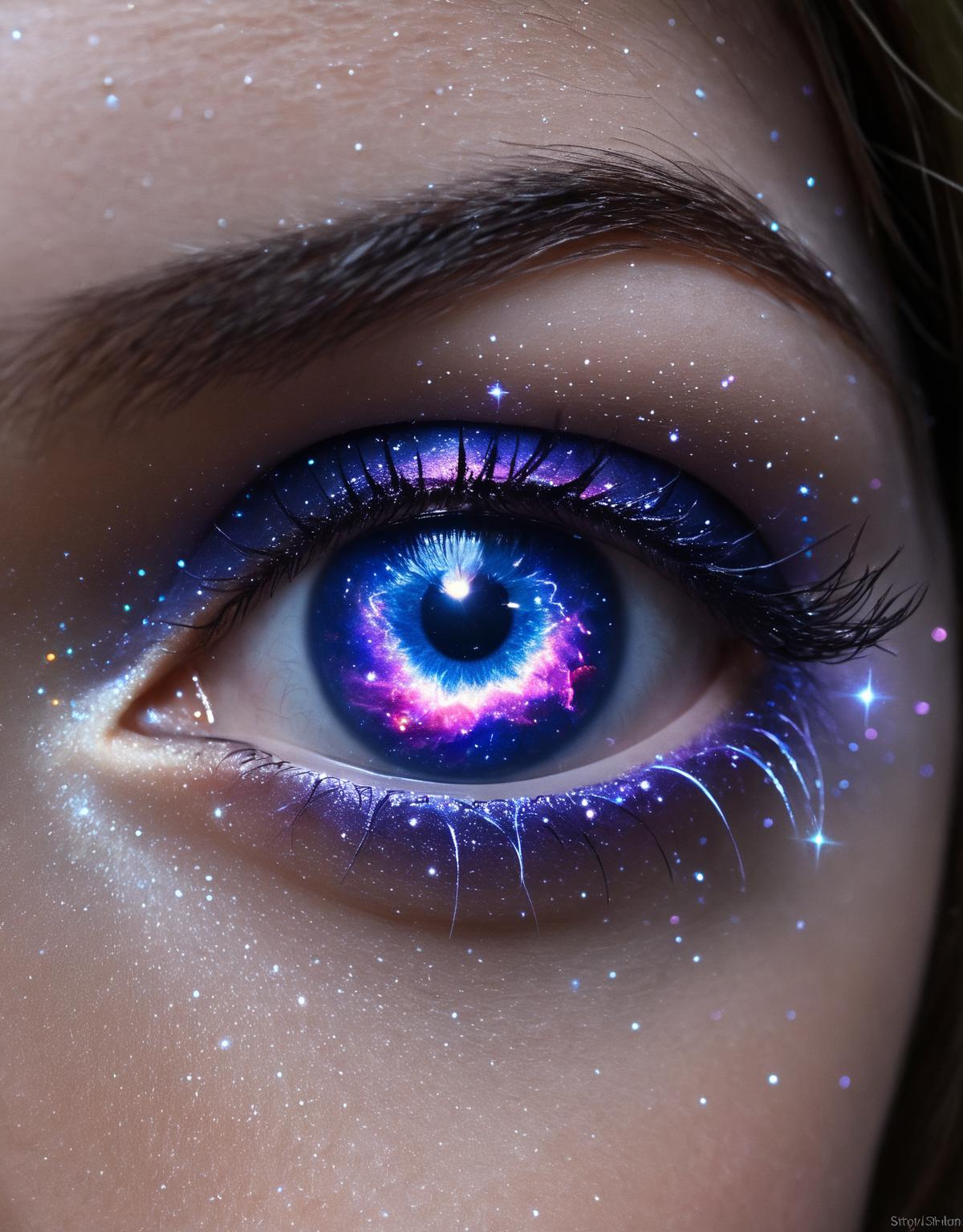 A closeup of a woman's purple eye with stars painted on her eyelid.