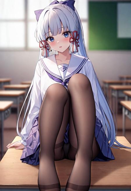 1girl, kamisato ayaka, solo, pantyhose, skirt, white sailor collar, long hair, school uniform, looking at viewer, blue eyes, sitting, sailor collar, desk, ponytail, bangs, blush, classroom, indoors, shirt, on desk, school desk, serafuku, blurry background, white hair, blurry, hair ribbon, white shirt, ribbon, long sleeves, blue skirt, black pantyhose, alternate costume, tress ribbon, sidelocks, pleated skirt, blunt bangs, knees up, bow, hair bow, sitting on desk, parted lips, neckerchief, collarbone, very long hair, purple skirt, twitter username, mole, feet out of frame, thighs, red ribbon, (masterpiece,best quality)