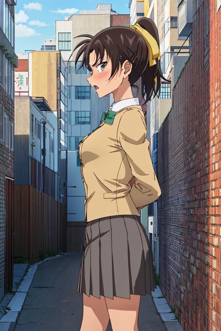 kazuhatv,1girl,solo,short hair,hair ribbon,ponytail,small breasts,school uniform, pleated skirt, against wall, angry, nose blush, from below, sky, street,arms behind back, from side, looking at viewer, speaking,cityscape, 

<lora:kazuhatv:0.8>