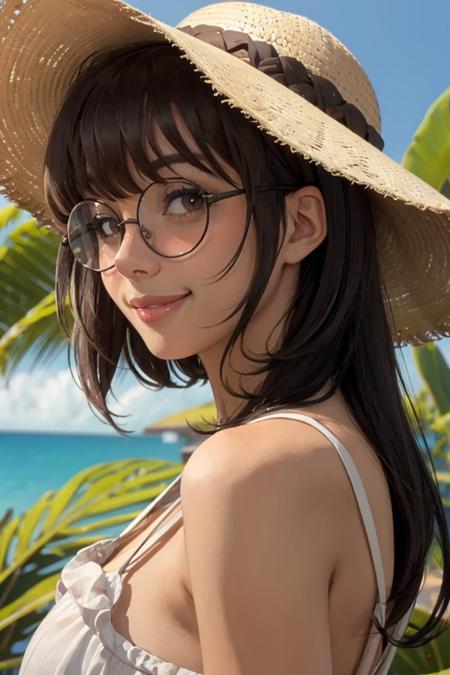 smiling at viewer, portrait, parted lips, cheeky smile,
lexupdog, 1girl, lips,  long black hair, blunt end bangs, brown eyes, glasses, sunhat, sundress, 
realistic, outdoors, tropics, picturesque, depth of field,
 <lora:lexupdog_v3-04:0.8>