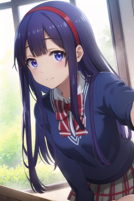 mikotoasuka, <lora:mikoto asuka s1-lora-nochekaiser:1>,
mikoto asuka, long hair, blue eyes, blue hair, hairband, red hairband, smile,
BREAK skirt, bow, school uniform, pleated skirt, bowtie, sweater, plaid, plaid skirt,
BREAK indoors, classroom,
BREAK looking at viewer,
BREAK <lyco:GoodHands-beta2:1>, (masterpiece:1.2), best quality, high resolution, unity 8k wallpaper, (illustration:0.8), (beautiful detailed eyes:1.6), extremely detailed face, perfect lighting, extremely detailed CG, (perfect hands, perfect anatomy),