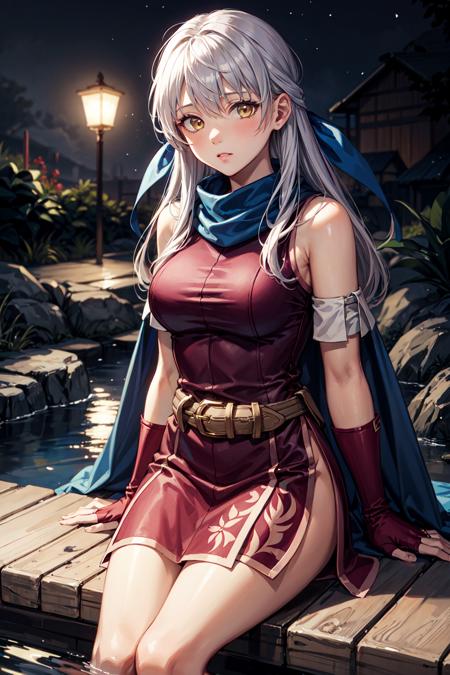 micaiah_(fire_emblem), 1girl, yellow eyes, solo, grey hair, half updo, ribbon, bare shoulders, dress, fingerless gloves,  sleeveless dress, scarf, braceletes, belt,  pantyhose <lora:micaiah-04:1>, sitting, onsen, fog, night time, facing viewer,   <lora:add_detail:0.7>