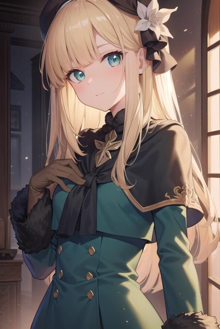 fgoreines, <lyco:reines-lyco-nochekaiser:1>,
reines, blonde hair, (green eyes:1.5), long hair, bangs, blunt bangs, (small breast:1.2),
BREAK beret, black headwear, black ribbon, blue dress, brown gloves, dress, flower, fur collar, fur trim, fur-trimmed sleeves, gloves, hair flower, hair ornament, hair ribbon, hat, long sleeves, ribbon, rose, tilted headwear, white flower, white rose,
BREAK looking at viewer,
BREAK indoors,
BREAK <lyco:GoodHands-beta2:1>, (masterpiece:1.2), best quality, high resolution, unity 8k wallpaper, (illustration:0.8), (beautiful detailed eyes:1.6), extremely detailed face, perfect lighting, extremely detailed CG, (perfect hands, perfect anatomy),