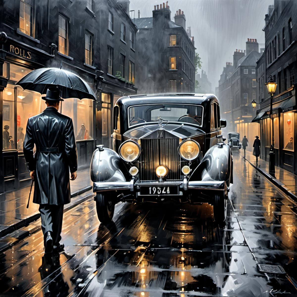 A Man Standing on the Sidewalk in the Rain with a Classic Car Passing by