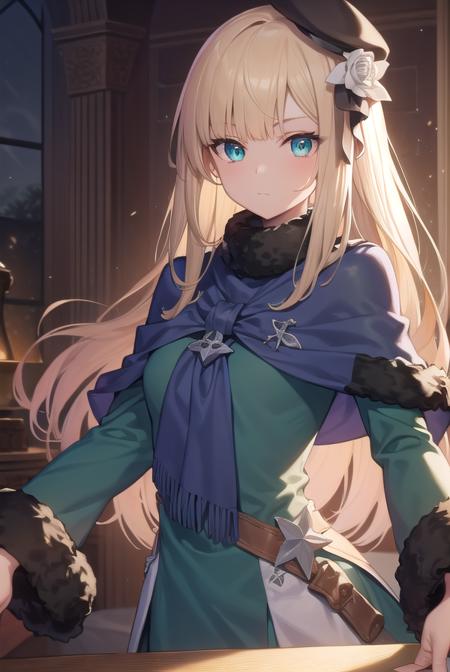 fgoreines, <lora:reines-lora-nochekaiser:1>,
reines, blonde hair, (green eyes:1.5), long hair, bangs, blunt bangs, (small breast:1.2),
BREAK beret, black headwear, black ribbon, blue dress, brown gloves, dress, flower, fur collar, fur trim, fur-trimmed sleeves, gloves, hair flower, hair ornament, hair ribbon, hat, long sleeves, ribbon, rose, tilted headwear, white flower, white rose,
BREAK looking at viewer,
BREAK indoors,
BREAK <lyco:GoodHands-beta2:1>, (masterpiece:1.2), best quality, high resolution, unity 8k wallpaper, (illustration:0.8), (beautiful detailed eyes:1.6), extremely detailed face, perfect lighting, extremely detailed CG, (perfect hands, perfect anatomy),