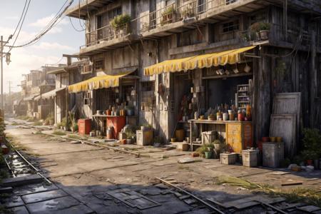 8k, realistic, vray, HDR,  6000K,  hochiminh city, street vendor, overview, <lora:PostApocalyptic3:0.6> SZ_4po