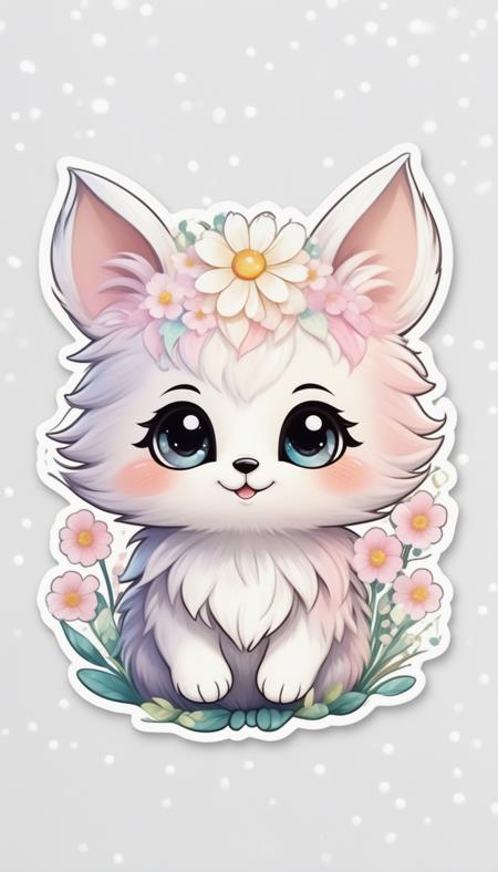 Sticker of a cute, round little animal with big, sparkling eyes and a gentle smile on its face. It has soft, pastel-colored fur. The small critter is surrounded by dainty, heart-shaped flowers in complementary pastel shades, adding to the sticker's overall charm.The white background provides the perfect canvas for this adorable creature, allowing its pastel features to pop and catch the eye. The sticker design exudes a warm and playful energy, making it an endearing addition to any item it adorns.