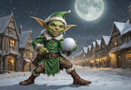 fantasy d&d image of a boy path_goblin, wearing a green Christmas elf outfit, holding a snowball, medieval city, big full moon , nocturnal image, snowball fight,