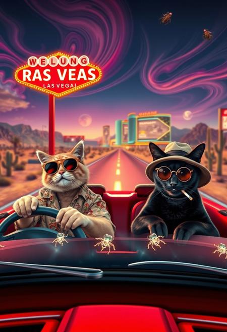 PERSPECTIVE FROM THE DRIVER'S SIDE OF THE CAR of Two cats riding in a red convertible speeding down a desert highway toward a neon-lit Las Vegas skyline. The scene mirrors the iconic ‘Fear and Loathing in Las Vegas’ shot, but with feline travelers. The driver, a scruffy tabby in oversized aviator sunglasses and a Hawaiian shirt, grips the wheel with a wild expression. The passenger, a sleek black cat in a bucket hat and round tinted glasses, leans back with a smug grin, a cigarette dangling from its mouth.  Windshield visible with glowing luminescent bugs on it, ((perspective looking from the driver side)), exaugurated eyes and smile, smoking a joint, 
The environment is infused with psychedelic energy—distorted road signs melt into the horizon, the sky swirls with surreal colors, and cacti appear to sway and stretch. The desert landscape warps in a heatwave haze, while neon reflections shimmer in the car’s chrome details. The perspective is exaggerated and chaotic, capturing the frenetic, trippy atmosphere of the original scene in a humorous and feline twist.