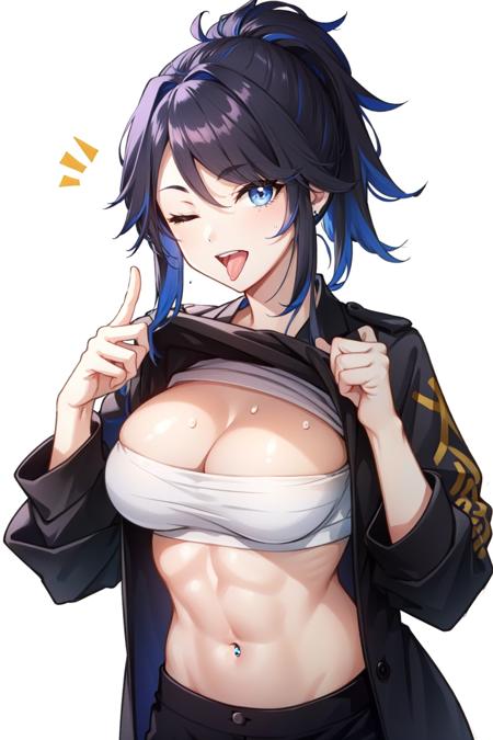 kson(vshojo), navel, middle finger, black hair, large breasts, tongue out, simple background, cleavage, streaked hair, blue eyes, shirt, pants, solo, white background, one eye closed, white shirt, shirt lift, tongue, sports bra, clothes lift, sweat, abs, 1girl, tongue piercing, looking at viewer, piercing, purple hair, blue hair, ponytail 