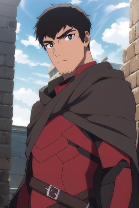 davion, <lora:daviontest:1>, 
davion, short hair, black hair, 1boy, facial hair, thick eyebrows, muscular male, bara, sideburns, mature male, stubble, muscular, (black eyes:1.5),
BREAK belt, cape, armor, bodysuit, black cape,,
BREAK outdoors,
BREAK looking at viewer, 
BREAK <lora:GoodHands-vanilla:1>, (masterpiece:1.2), best quality, high resolution, unity 8k wallpaper, (illustration:0.8), (beautiful detailed eyes:1.6), extremely detailed face, perfect lighting, extremely detailed CG, (perfect hands, perfect anatomy),