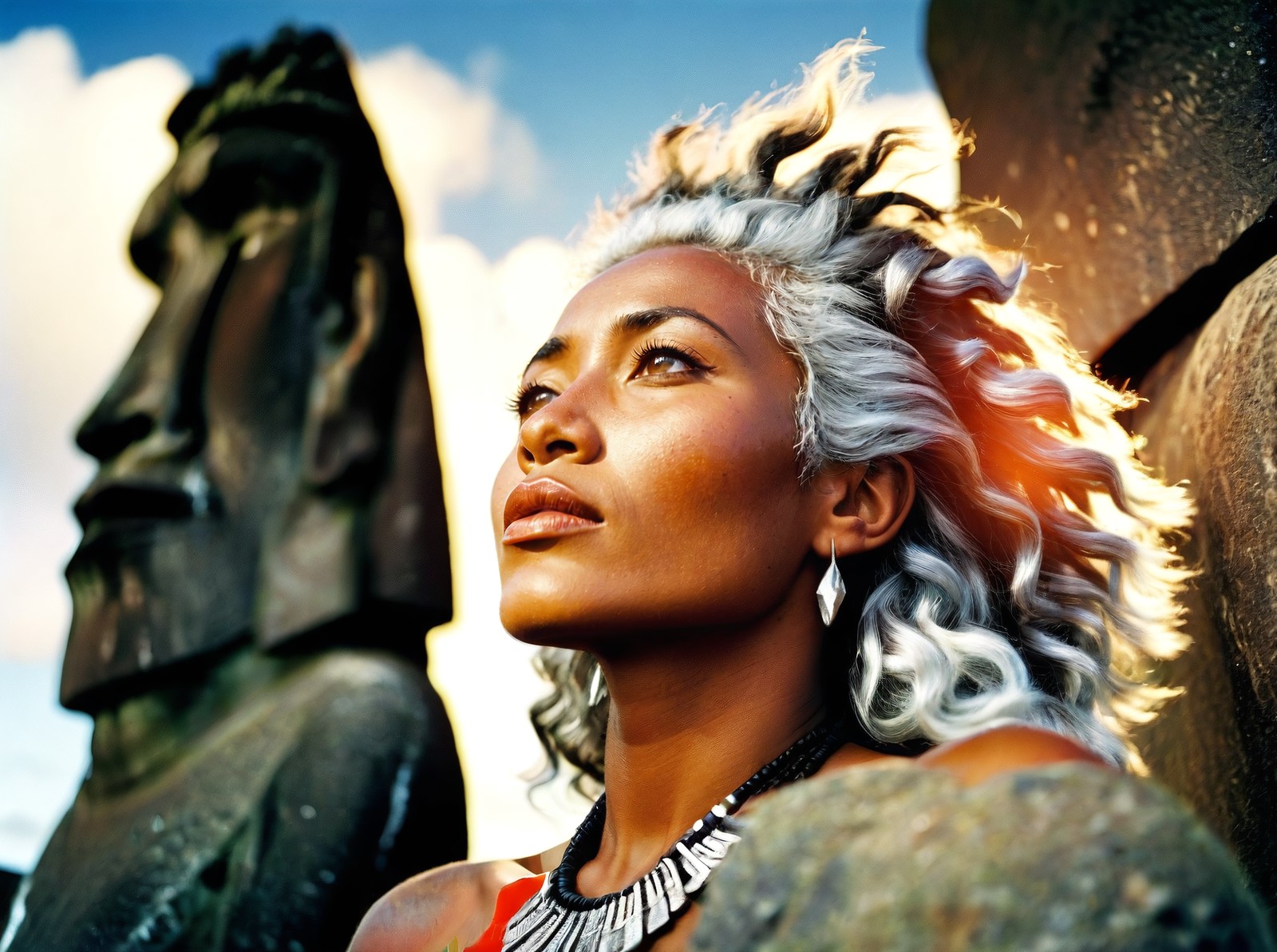 a african woman with sexy pose,Crystal Hair,Silver hair,angle from below,remote beauty of Easter Island is a testament to ...