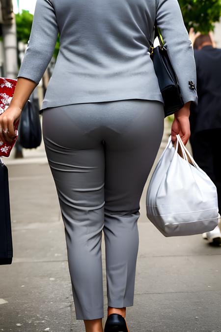 (p line), pantylines, (from behind), mature, chubby, black hair, facing away, soft lighting, raw photo, photorealistic, (realistic skin texture), detailed background, street, (1girl), (solo), realistic, masterpiece, highres, detailed female, detailed texture skin, detailed clothes, (formal, gray slacks, walking, bag), atmospheric, (pare skin), 