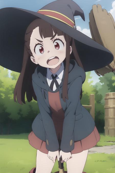 akko, 1girl, hat, witch_hat, open_mouth, solo, witch, school_uniform, broom, luna_nova_school_uniform, teeth, dress, holding, wand, long_sleeves, v-shaped_eyebrows, robe, wide_sleeves, looking_at_viewer, pale_skin, ribbon, boots, umbrella, smile, broom_riding, anime_coloring, shirt, neck_ribbon, hood, upper_teeth_only, collared_shirt, staff