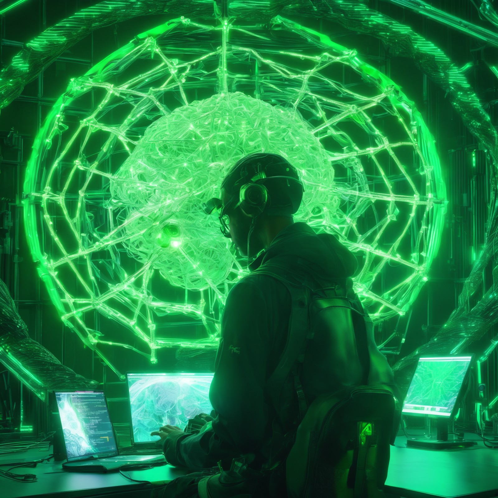 a photo of a  anthropist hybrid spider malecer working on an artificial brain made of green glowing light and leather at a...
