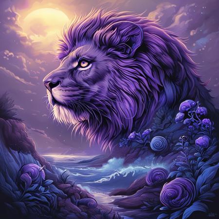 masterpiece,best quality,<lora:tbh160-sdxl:0.9>,illustration,style of Dan Mumford, Lion Snail with Purple Taupe Periwinkle moody blue color palette