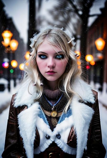 taylor, steampunk, Artistic Portrait 18yo beautiful woman, perfect nose, perfect face, perfect, gorgerous, slim girl , Caucasian, white skin, white eyes,  snowstorm,  snow, wind, blizzard, light theme, steampunk outfit, black eyeliner, cinematic light, Night Photography, Light Beans, dramatic light, intricate details, berfect breasts <lora:steampunkengis_ss13_mech:0.5> <lora:atrizes_v05:1>
