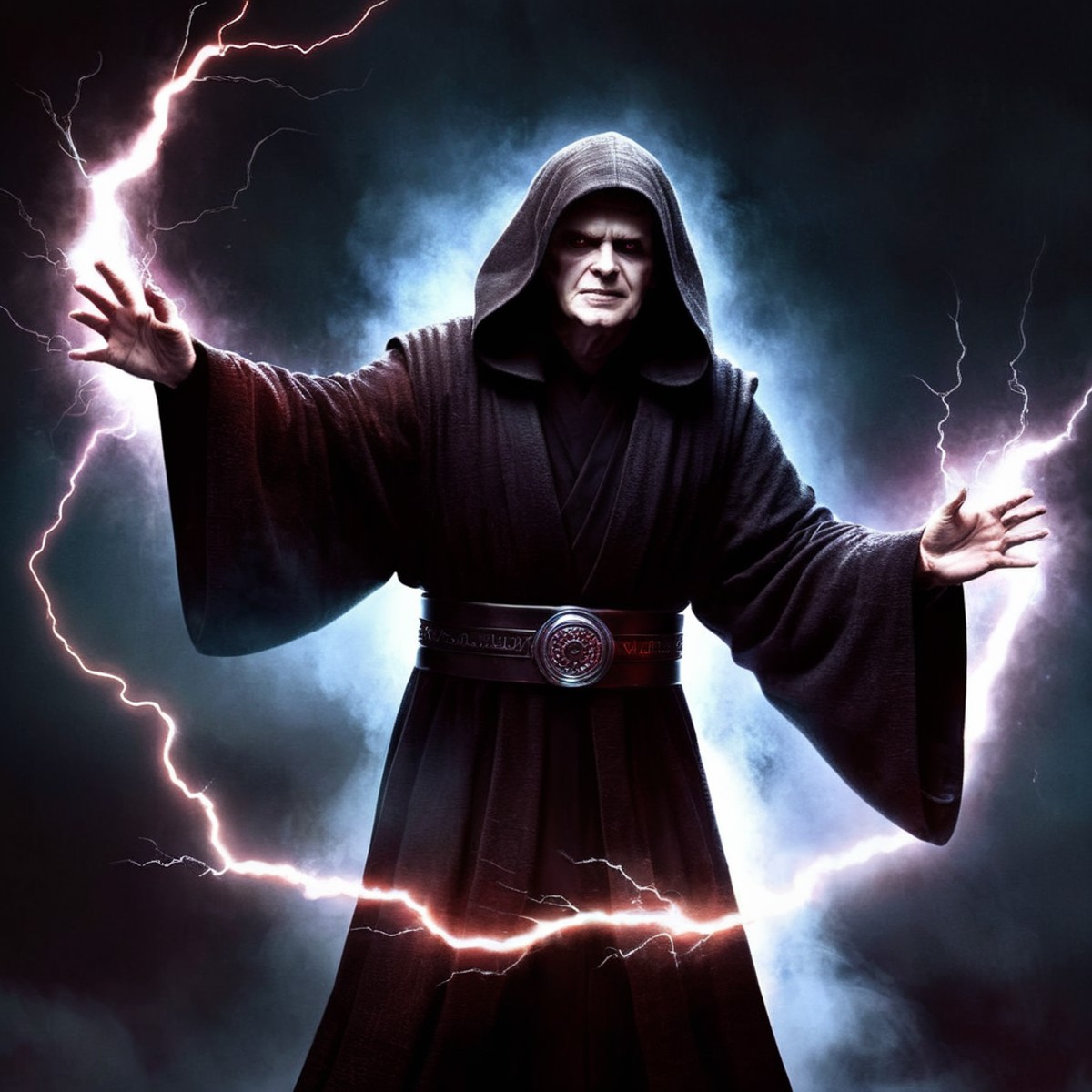 Dark Fantasy Art of  <lora:Darth Sidious:1>
Darth Sidious a man in a robe shoot Force lightning from his hands in star war...