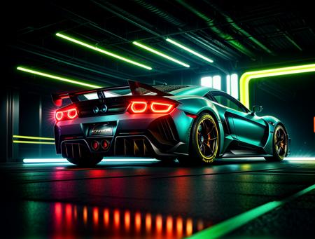 cyberpunk supercar, in cyberpunk city photoshoot, running at high speed, glowing lights, speed sensation, well framed at middle range, neon colored luxury rims, extreme detail, illegal race car, extreme photorealistic, 3D, 8k, Hyper detailed car, perfect soft lighting, great lighting, car photography, fisheye lens, raining, reflection, octane render, high quality, <lora:more_details:.6> <lora:wowifierV3:.6>