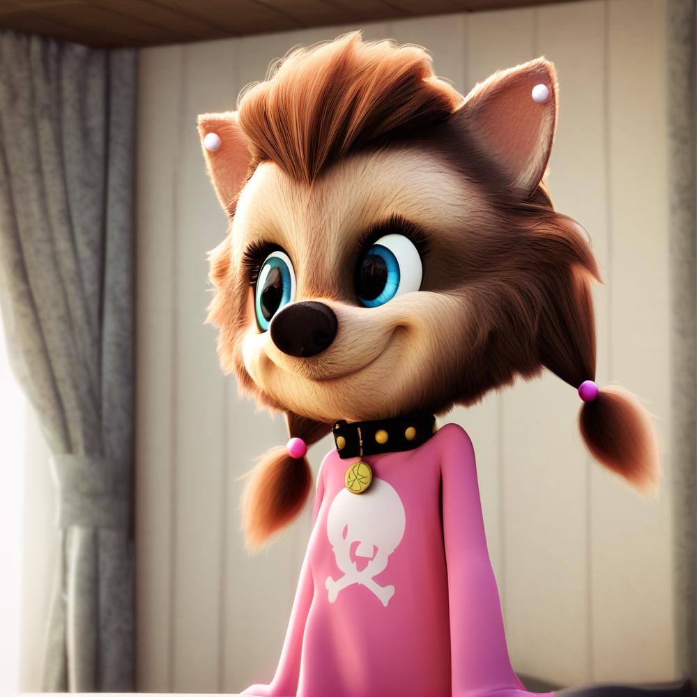 hi res, best quality, female, Score_9, score_8, score_7 BREAK, best anatomy, (solo), small body, young, petite, ultra detailed, short, (source_cartoon), (((show accurate))), (masterpiece), <lora:Winnie_Werewolf:1>, winnie_werewolf_ht, furry, blue eyes, collar, pink dress, ponytails, bows, animal nose, jewelry, furry female, animal ears, twintails, indoors, upper body, smile,