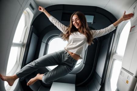 full body,photo of a 18 year old girl,floating in the air,in a spaceship,gravityless space,floating hair,happy,laughing,shirt,pants,ray tracing,detail shadow,shot on Fujifilm X-T4,85mm f1.2,depth of field,bokeh,motion blur,<lora:add_detail:1>,