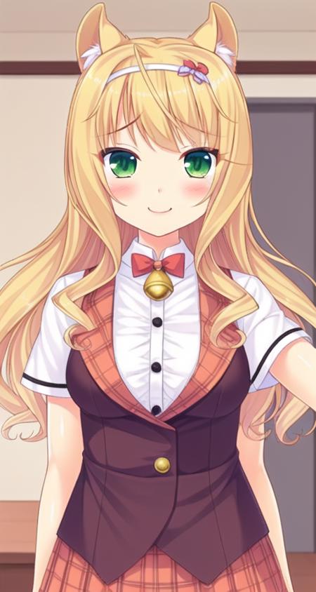 <lora:feng:0.6> feng-sd,1girl, animal ears, long hair, green eyes, blonde hair, cat ears, bell, blush, jingle bell, looking at viewer, neck bell, bow, plaid, short sleeves, hairband, bowtie, smile, v-shaped eyebrows, center frills, frills, shirt, solo focus, vest, white shirt, breasts